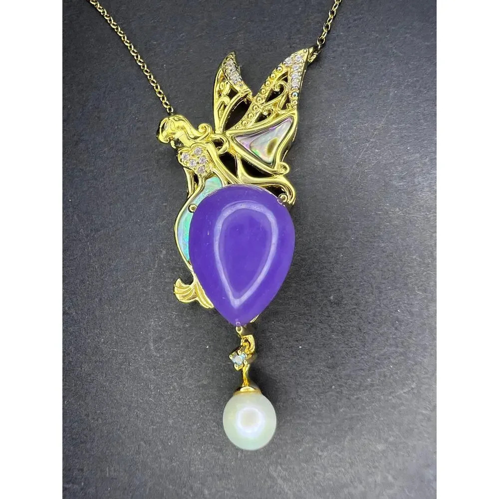 Fairy mermaid jadeite abalone and pearl pendant and chain in gold over sterling